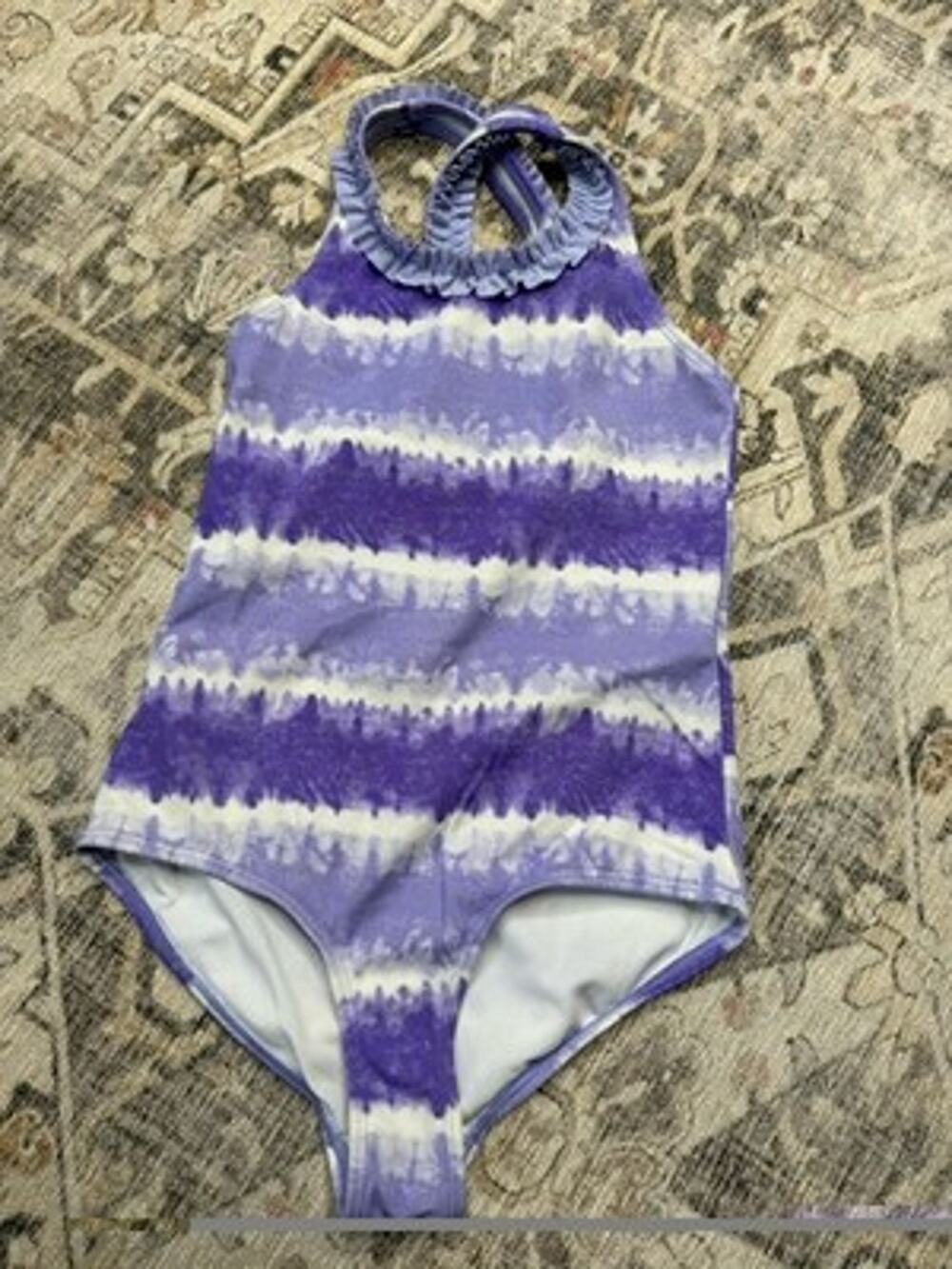 Lands' End Girls Size 6 One Piece Swimsuit Purple White Tie Dye Bathing Suit